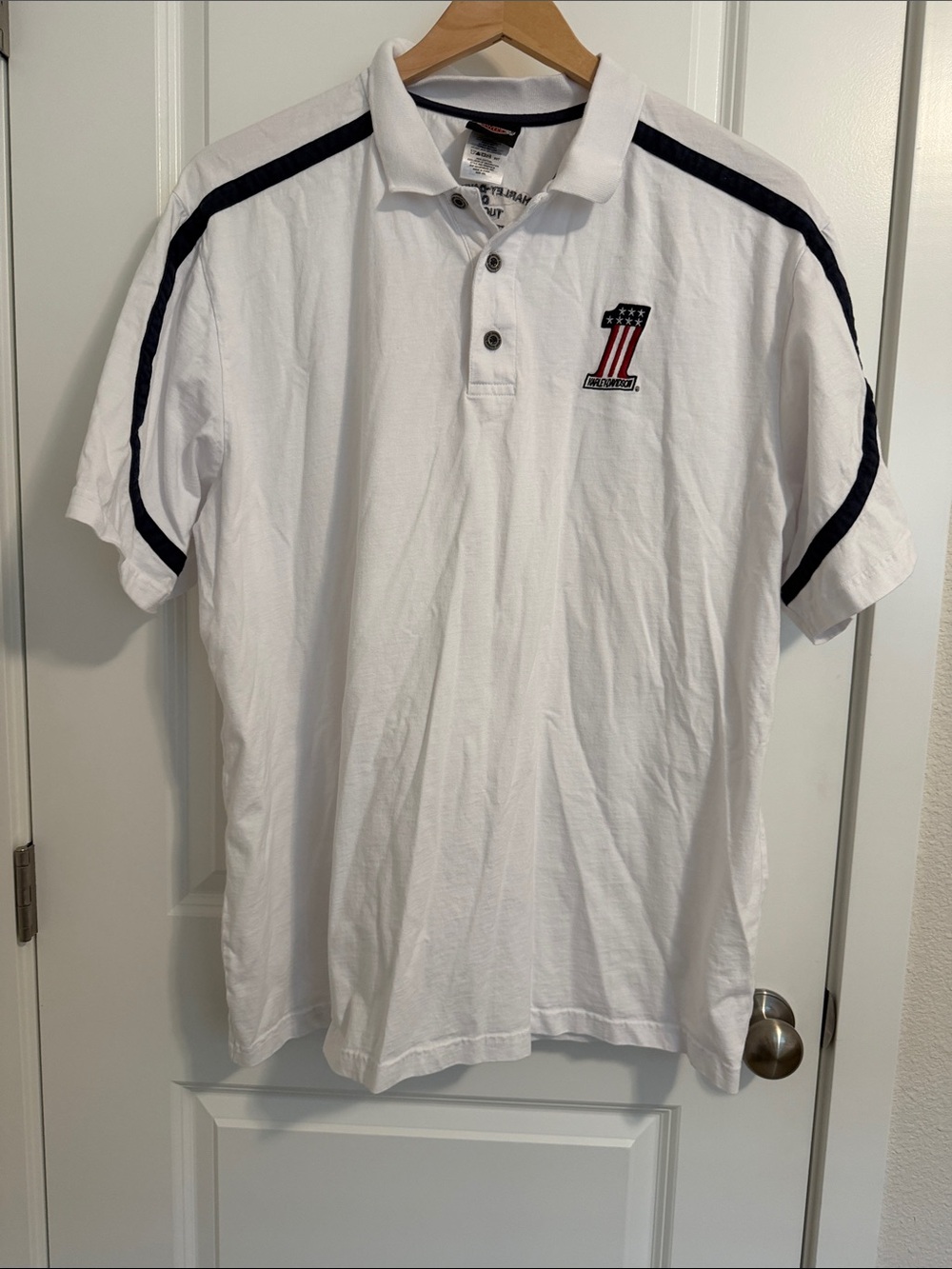Harley-Davidson White Polo with Navy Shoulder Stripes and Number 1 Patch